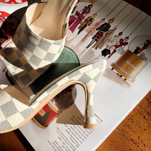 New🔥 Gray Ivory Checkered Print Square Open Toe Mules Sandal Stiletto Med Heel - Picture 5 of 6